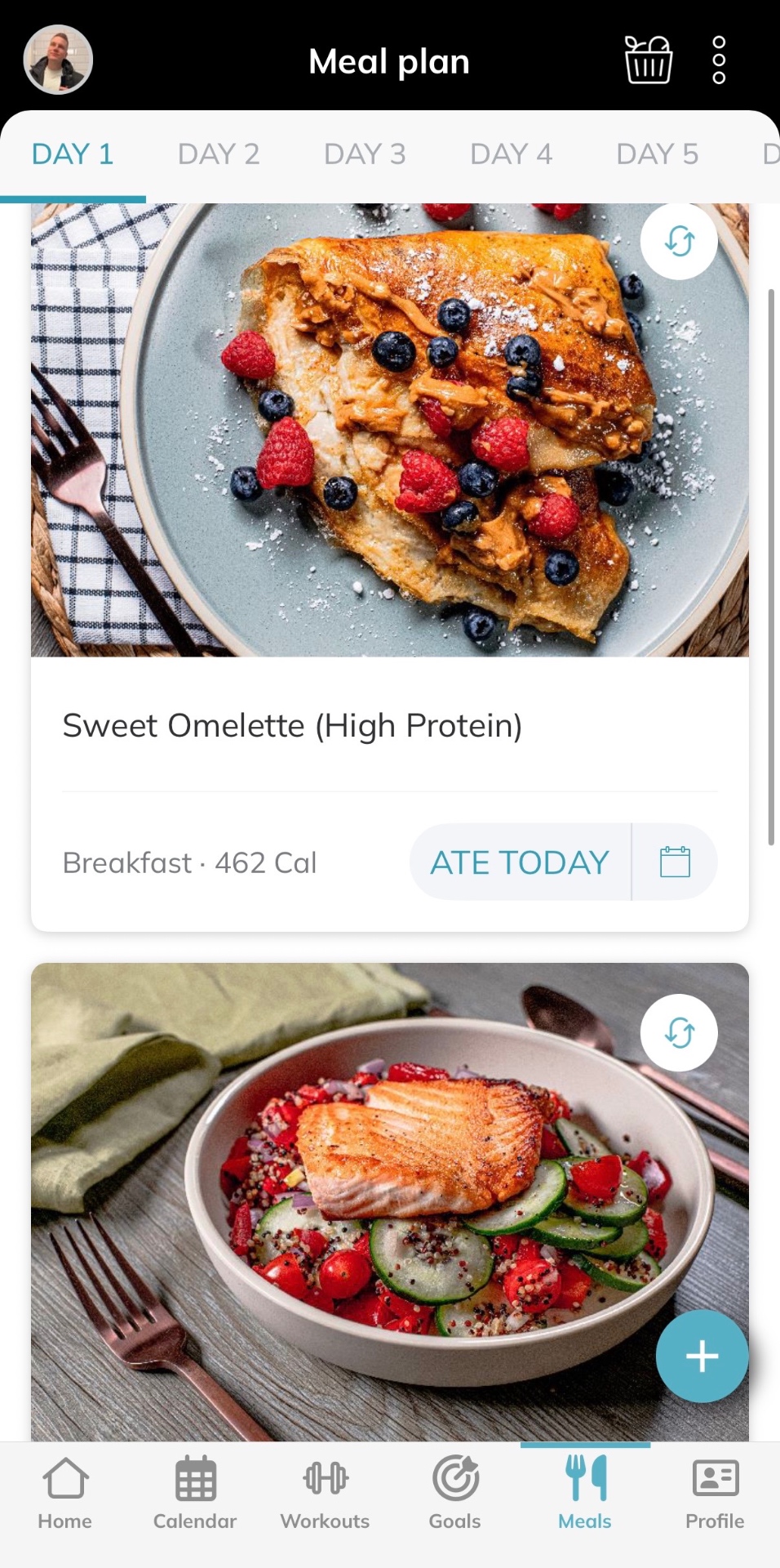 Daily meal plan with calories in the app