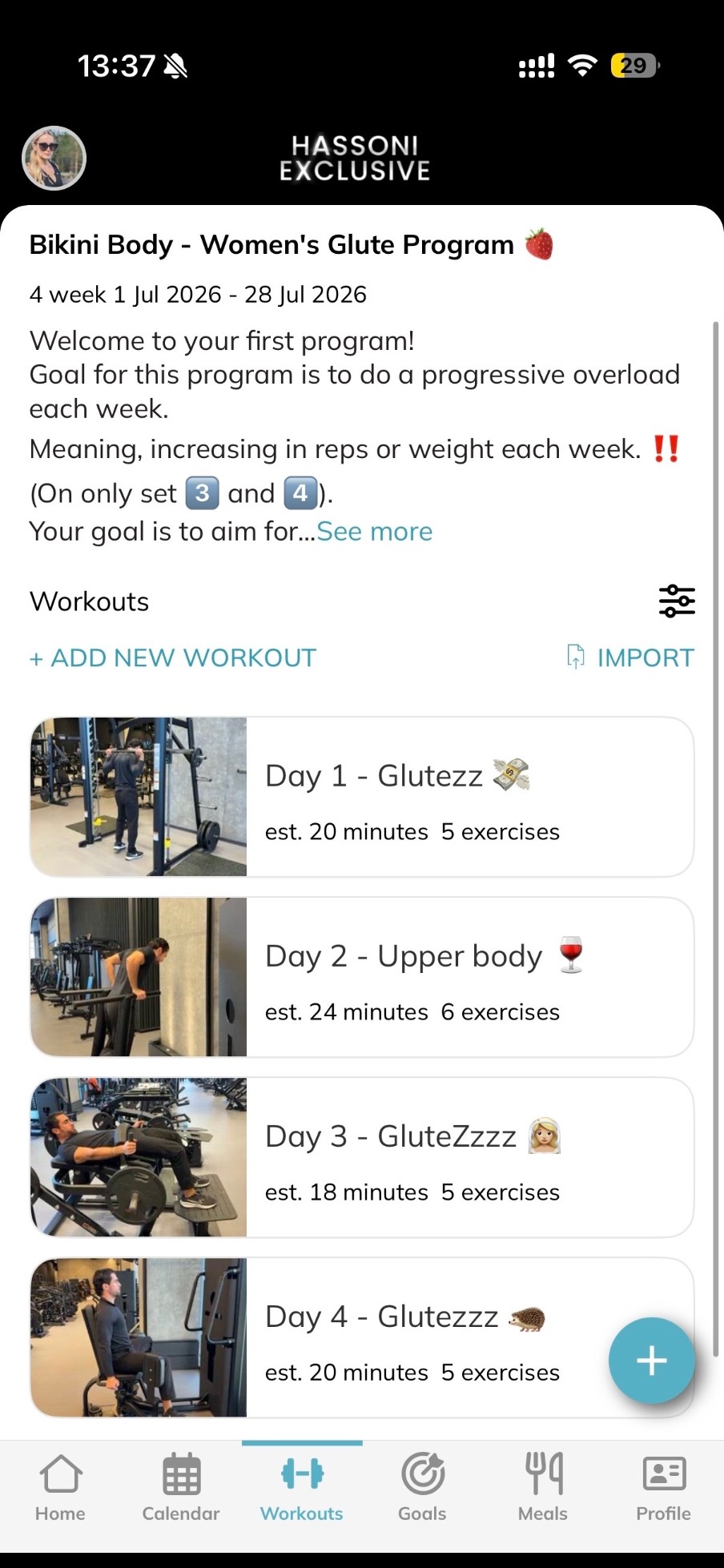 Day 1–4 sessions in app