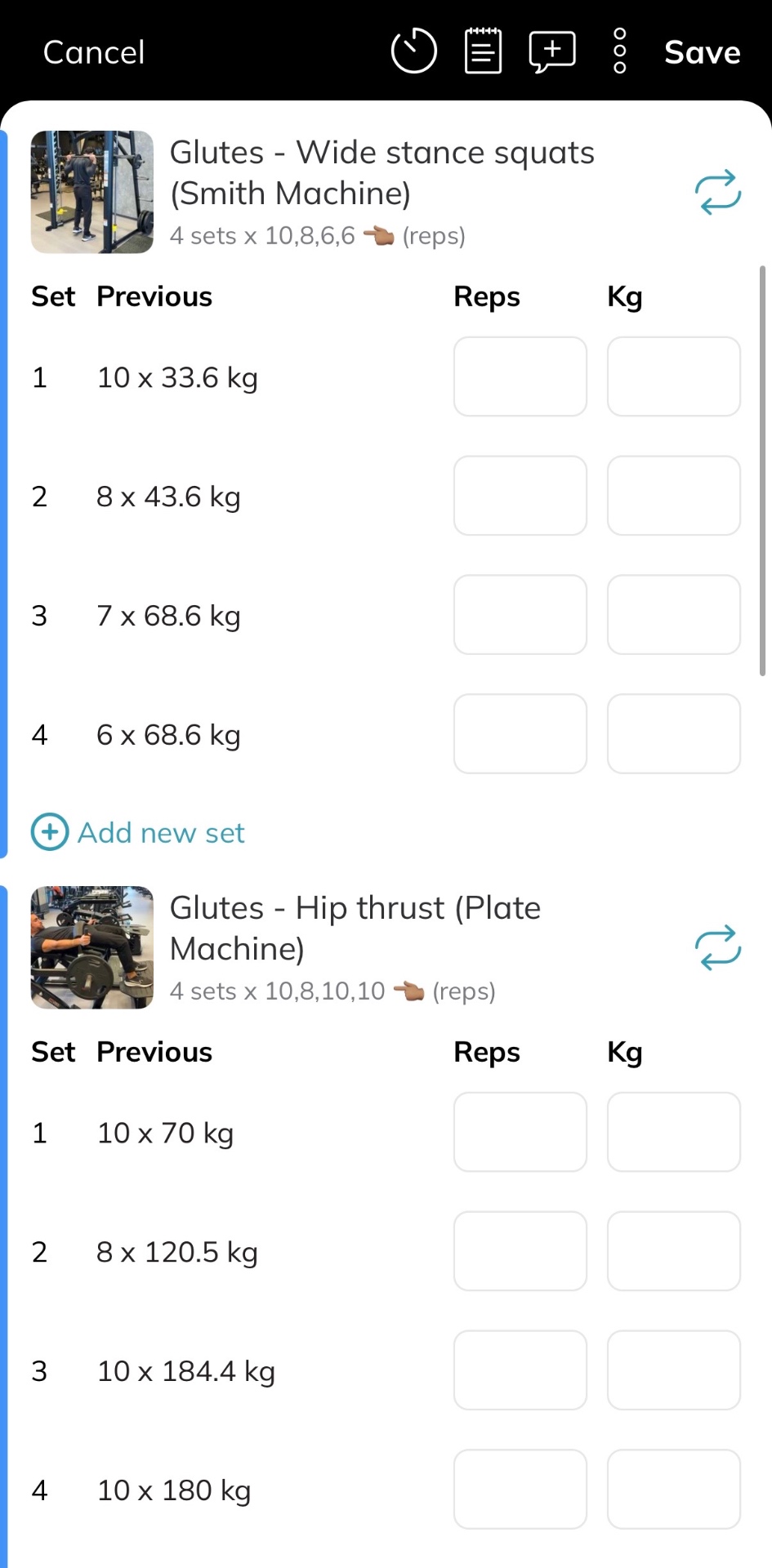 Workout sets and exercises in app